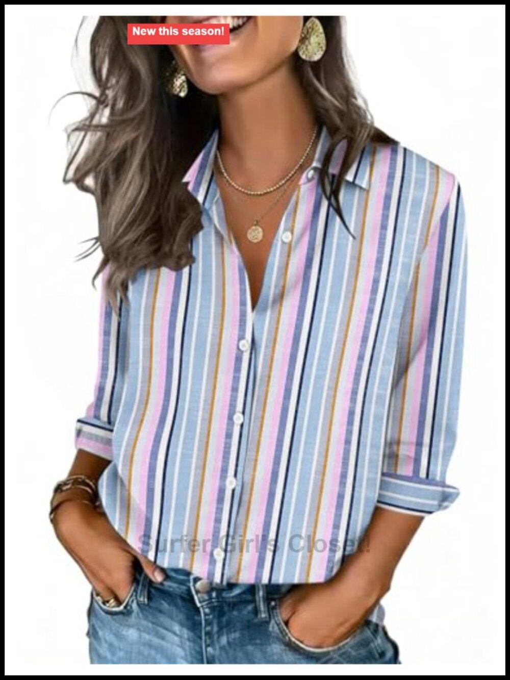 Women's 3/4 Sleeve Button Down Blouse V Neck Collared Business Casual Top